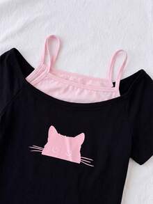 Teen Girl/Teen Girls Y2K Style Casual Minimalist Black & Pink Printed Ruched Tie Front Crop Top - Multicolor - View 6