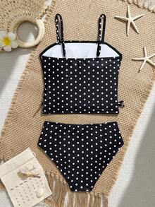 SHEIN Tween Girl Tankini Set,Brown Polka Dot,Summer,Cute,Beach,Holiday,Spaghetti Strap Tankini Swimwear,Elegant Ladylike Sports,Swimming,Pool,Summer Gift - Black and White - View 2