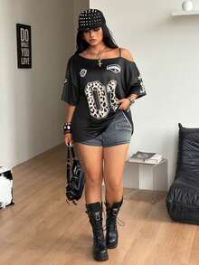 Coolane Women's Plus Size Summer Y2K Hip-Hop Vintage Streetwear Number Pattern Star Pattern Stretchy Asymmetrical Neck Black OverSize Shortsleeve T-Shirt - Black - View 2