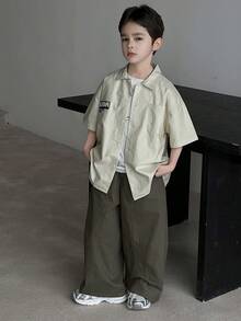 Dazy Kids 男童宽松休闲长款实用口袋工装裤 - 軍綠色 - 查看 3