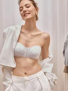 Bralution 1pc Women's Sexy Lace Wireless Front Closure Plunge Push Up Backless Bra - White - View 1