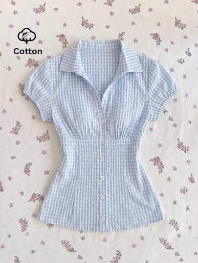 Elamini Áo sơ mi nữ cotton kẻ caro cổ bẻ dáng rộng, có dây thắt eo, chất liệu cotton, thích hợp cho mùa xuân/hè.