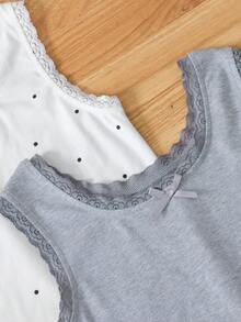 SHEIN Genkimix Kids 3件套女童波点图案蝴蝶结装饰蕾丝领休闲舒适针织吊带背心，夏季 - 彩色 - 查看 5