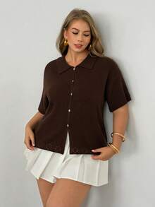 Auralis Cárdigan de punto con cuello de solapa de moda versátil para mujer de talla grande - Café integral - Ver 5