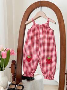 SHEIN Bộ áo liền quần mùa hè cho bé gái kiểu dáng thường ngày, họa tiết kẻ caro và dâu tây. - Đỏ - Xem 3