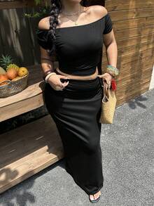 Sunnyshic 黑色针织褶皱单肩修身上衣和侧开衩半裙两件套，优雅简约风格，适合夏季度假、海滩、休闲外出、约会、通勤等场合。 - 黑色 - 查看 4