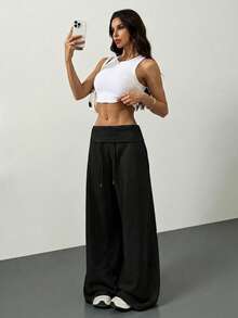 SHEIN Tall Quần nỉ dài màu xám, cạp chun, dáng rộng, thích hợp mặc đi học lại vào mùa đông, lễ tốt nghiệp, trang phục giáo viên cho nữ, quần áo mùa thu cho nữ đi học. - màu đen - Xem 8