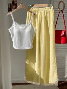 SHEIN Conjunto de 2 piezas de verano de lino amarillo para adolescentes: Camiseta sin mangas con adorno de encaje + Pantalones anchos de cintura alta, un conjunto casual y fresco, un imprescindible versátil y de moda - Multicolor - Ver 10