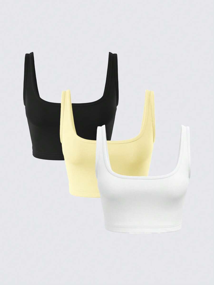 SHEIN BASICS 3件裝女款休閒素色修身短版背心,夏季女款 - 彩色 - 查看 1