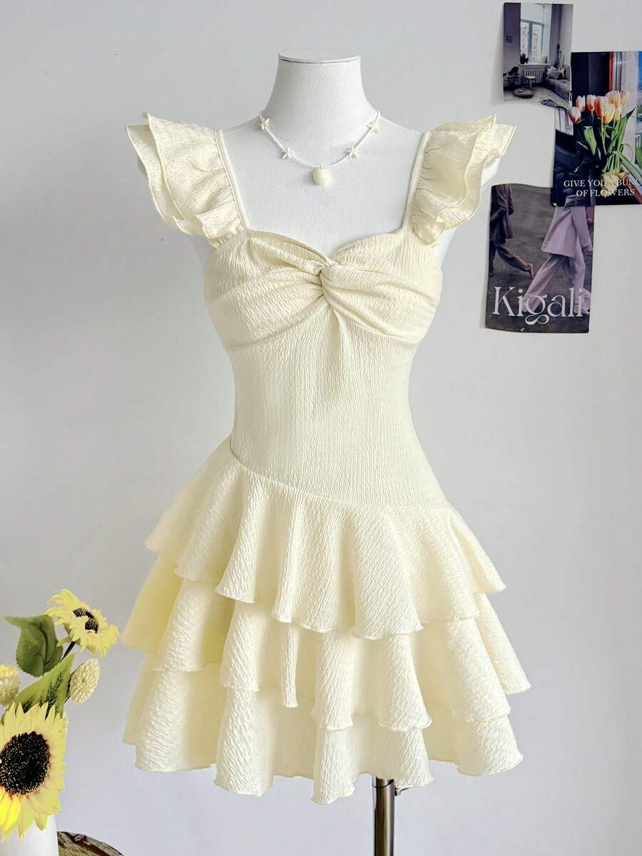 SHEIN 少女轻薄针织荷叶边叠层连衣裙,优雅度假休闲夏日连衣裙,浅黄色 - 黃色 - 查看 1