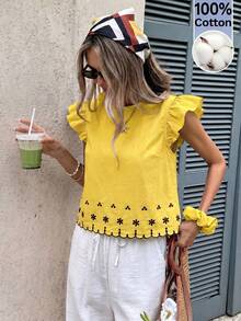 Serisse Women's Round Neck Floral Print Cap Sleeve Blouse - Yellow - View 5