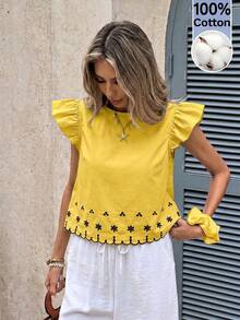 Serisse Women's Round Neck Floral Print Cap Sleeve Blouse - Yellow - View 6