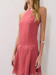 Nöista Polka Dot Pink Summer Elegant Romantic Brunch Printed Halter Mini Dress Cross-Neck Strap Texture Fitted Bodice Flared Skirt Party Vacation Date Night - Red - View 4