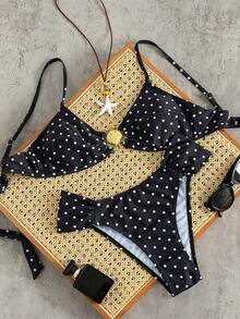 Swim Mod Women's Summer Beach Polka Dot Metal Decor Halter Bikini Top And Triangle Bottoms Swimwear Set - Black and White - View 5