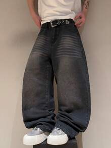 STEELVANCE Celana Jeans Kasual Model Lurus Longgar dengan Desain Bordir Kumis Kucing Bergaya Vintage dan Efek Usang, Streetwear Serbaguna - Hitam - View 6