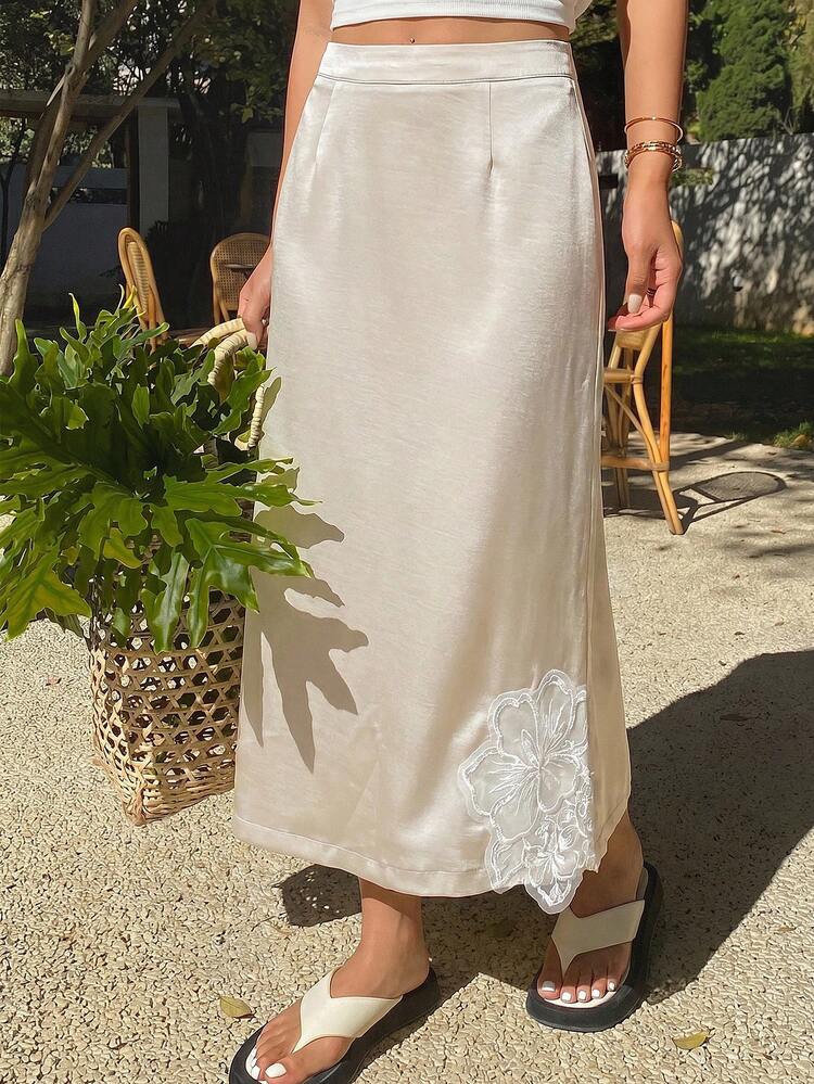 Patchwork Floral Trim Maxi Slit Hem Elegant Vacation Summer Skirt For Women
