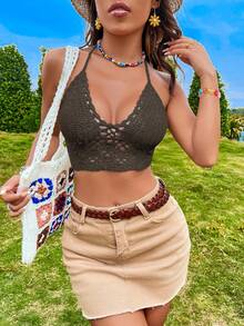 Breezaya Women's Solid Color Halter Tie Casual Versatile Daily Wear Knit Top - Coffee Brown - View 5