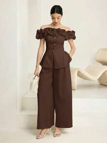 Conjunto de 2 piezas de top con hombros asimétricos y pantalones, elegante y de moda para mujer - Café integral - Ver 3