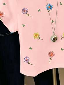 Teenage Girls' Casual Fresh Daisy Ditsy Floral Short Sleeve Round Neck T-Shirt, Pink Summer Tops For Daily Wear - Multicolor - View 5