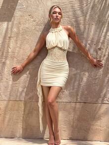 SHEIN Allurite Đầm lưới màu trắng kem gợi cảm hở lưng, thích hợp cho tiệc tùng, đi xem hòa nhạc, đi hộp đêm, hẹn hò, họa tiết hoa, đầm hè nữ, đầm lãng mạn, đầm mùa hè, đầm thời trang, đầm đi chơi, đầm trễ vai, đầm sinh nhật, phong cách du lịch nghỉ dưỡng. - Màu be - Xem 6