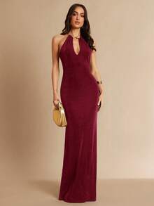 Silquee 女士纯色镂空修身优雅连衣裙 - 酒紅色 - 查看 1