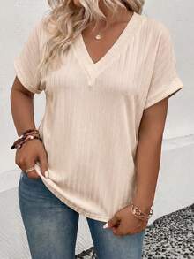 EMERY ROSE Camiseta de manga corta con cuello en V acanalado ancho de punto suave, nueva llegada de primavera/verano, talla grande - Albaricoque - Ver 4