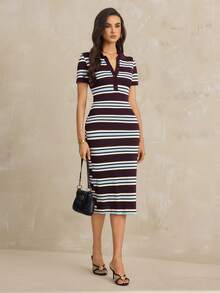 SHEIN Tall 夏季休闲时尚复古撞色条纹短袖Polo领修身连衣裙，咖啡棕色撞色条纹连衣裙，休闲连衣裙，中长款连衣裙，适合日常外出、都市生活、通勤、工作、办公室、商务、休闲聚会、度假穿着 - 棕色 - 查看 6