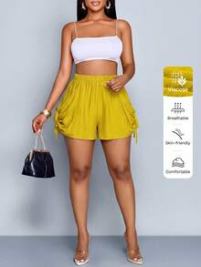 SOLERSUN Women's Elegant Casual Shorts With Pleats And Pockets, Perfect For Beach Vacation Vacation Trips To The Maldives And Bali. Mustard Yellow Summer - Mustard Yellow - View 7