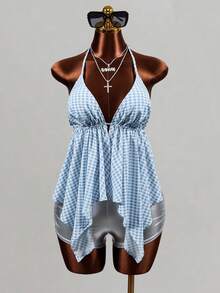 Mistrie Weißes kariertes Rüschen-Top für Damen, süßes Y2K-Sommer-Urlaubs-Shirt, sexy ärmellos mit asymmetrischem Saum, für Strand und Golf - Blau - Übersicht 3