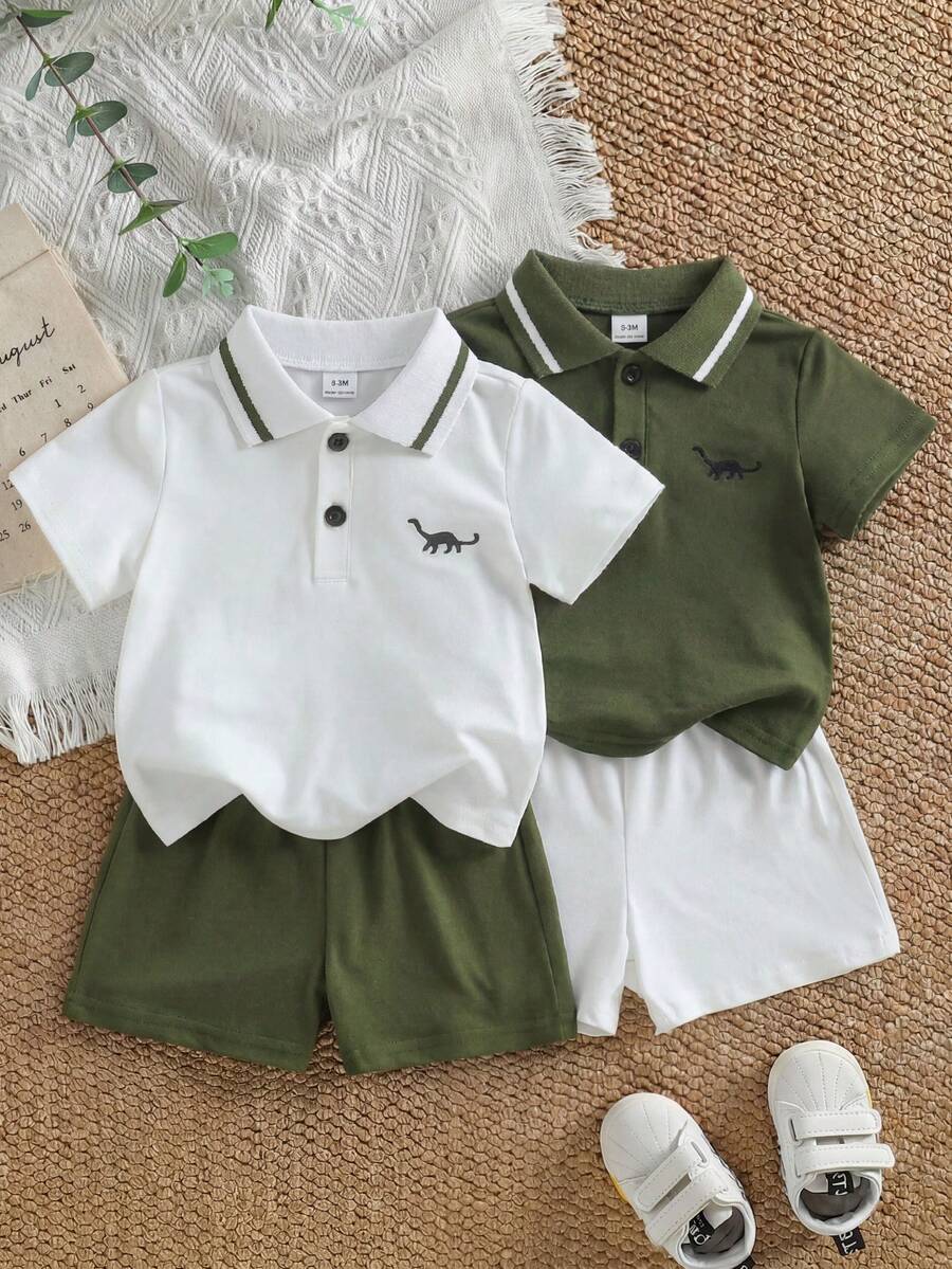 SHEIN 2套/4件 0-3歲嬰幼兒白色夏季短袖POLO衫套裝 寬鬆休閒海灘運動服 嬰兒戶外活動外套 - 軍綠色 - 查看 1