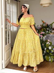 FleurLily Plus Size Women's Summer Yellow Boho Picnic Holiday Ditsy Floral Off-Shoulder Puff Sleeve Shirred Slim Shirt,Layered Ruffle Hem Skirt Two Pieces Set - Yellow - View 5