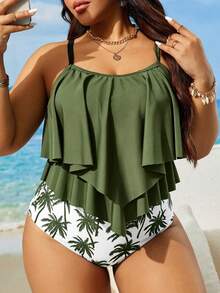 Swim Lushoire Plus Size Women Summer Beach Ruffled Camisole Tankini Set - Multicolor - View 3