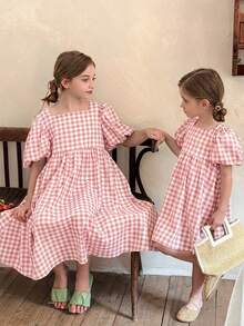 LMoss Kids 女童格纹方领泡泡袖修身连衣裙 - 粉色 - 查看 2