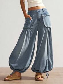 Bohemela Jeans jogger a vita alta e vestibilità ampia per donna taglie forti, pantaloni harem in denim blu scuro, casual estivi per vacanze, primavera, spiaggia e vacanze, stile Y2K - Lavaggio chiaro - Visualizzare 6