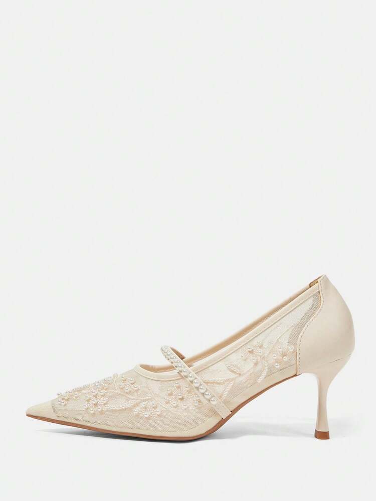 CUCCOO HITCHD Women Shoes Spring And Summer Breathable Mesh Embroidery Pearl Decoration Pointed Toe Thin Heel Middle Heel Fairy Low Vamp Solid Color Women's High Heel Shoes Banquet Dating Daily Wear Bridesmaid Shoes Wedding Shoes Dress Versatile French Niche Design Temperament