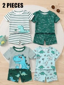 2件套幼儿男童休闲恐龙卡通印花圆领短袖上衣和短裤套装，柔软舒适的针织面料睡衣 - 彩色 - 查看 2
