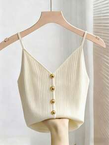 Franclia Women's Solid Color Button Design Casual Camisole - Apricot - View 5
