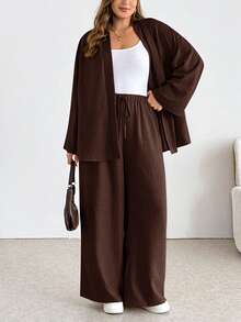 Shapeblank Plus-Size Women's Brown Autumn Smart Casual Everyday Long-Sleeved Cardigan & Elastic Waist Wide-Leg Pant Set,Loose Comfortable Two Pieces Work Outfits - Brown - View 6