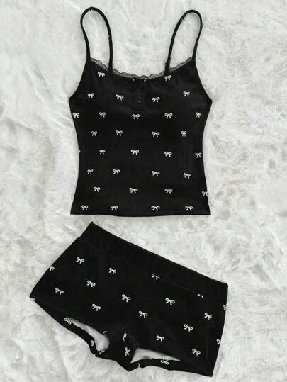 Sweetina Bow Print Camisole Crop Top & Shorts 2 Pieces Set, Casual For Teens