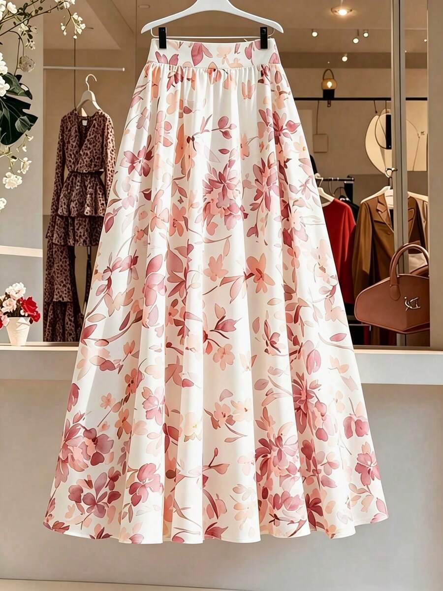 GlowEve CURVE Plus Size Women's Floral Print Elastic Waist Ruched A-Line Skirt, Suitable For Spring & Summer - Pink - View 1