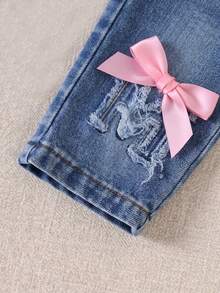 SHEIN 2pcs/Set Baby Girl Spring&Summer Casual Style, Top &Heart-Shape Embroidery Long Pants Denim Set - Baby Pink - View 8