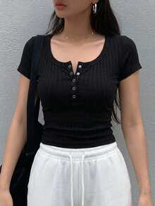Camiseta casual de manga corta con botones y media cartera de unicolor para mujer - Negro - Ver 4