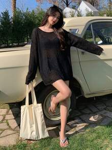 DAZY 女款休閒素色長袖寬鬆沙灘罩衫 - 黑色 - 查看 5