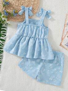 SHEIN Vintaside Kids 2件套女婴幼儿/新生儿0-3岁休闲日常可爱度假条纹蝴蝶结装饰吊带背心+短裤套装，春夏款 - 藍色 - 查看 2