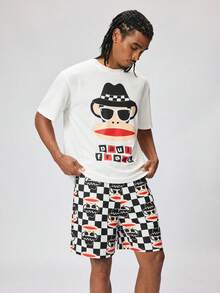 Paul Frank X SHEIN 男士卡通印花白色上衣和格子印花短裤睡衣套装 - 黑與白 - 查看 6