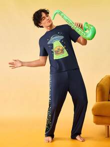 Notgurli Men's Dark Blue Alien Spaceship Graphic Short Sleeve Long Pants Loungewear Set, Novelty Comfortable Nightwear 2 Pcs Outfits - Multicolor - View 3