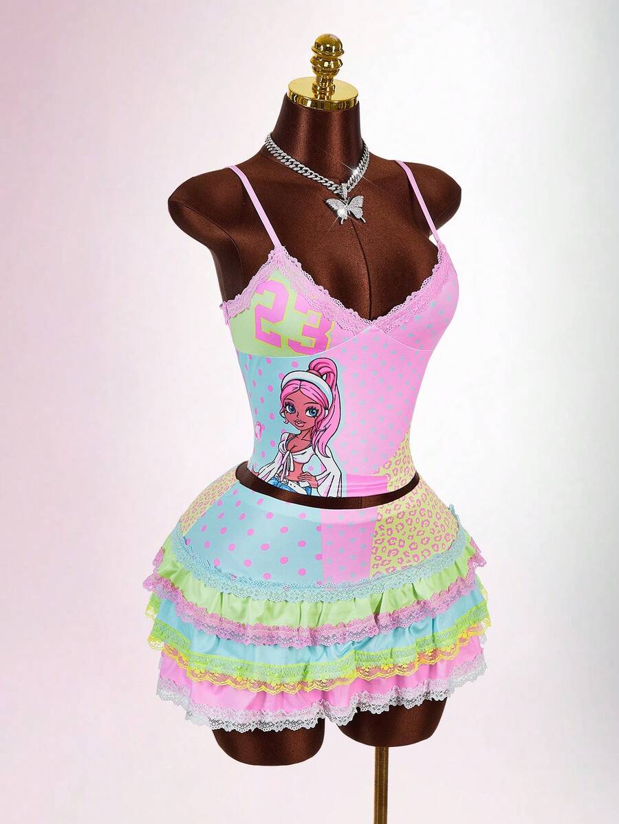 Amplova 2pcs/Set Women's Backless Spaghetti Strap Graffiti Y2K Lace Layered Camisole & Mini Skirt - Multicolor - View 1