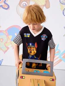 SHEIN | PAW Patrol 男童条纹短袖V领休闲T恤 - 黑色 - 查看 4