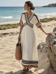 SHEIN Holidaya Women's V-Neck Half Sleeve Umbrella Dress, White, Summer, Boho Sexy, Holiday, Tea Party Golf, Digital Striped Print Beach Aegean Sea - Multicolor - View 4