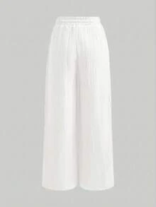 SHEIN Tween Girls' Casual Solid White Textured Fabric Drawstring Bow Wide Leg Pants - White - View 3